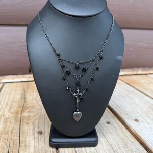 2028 Brand Gunmetal Multi Strand Cross Heart Charm Necklace Black  Whimsigoth